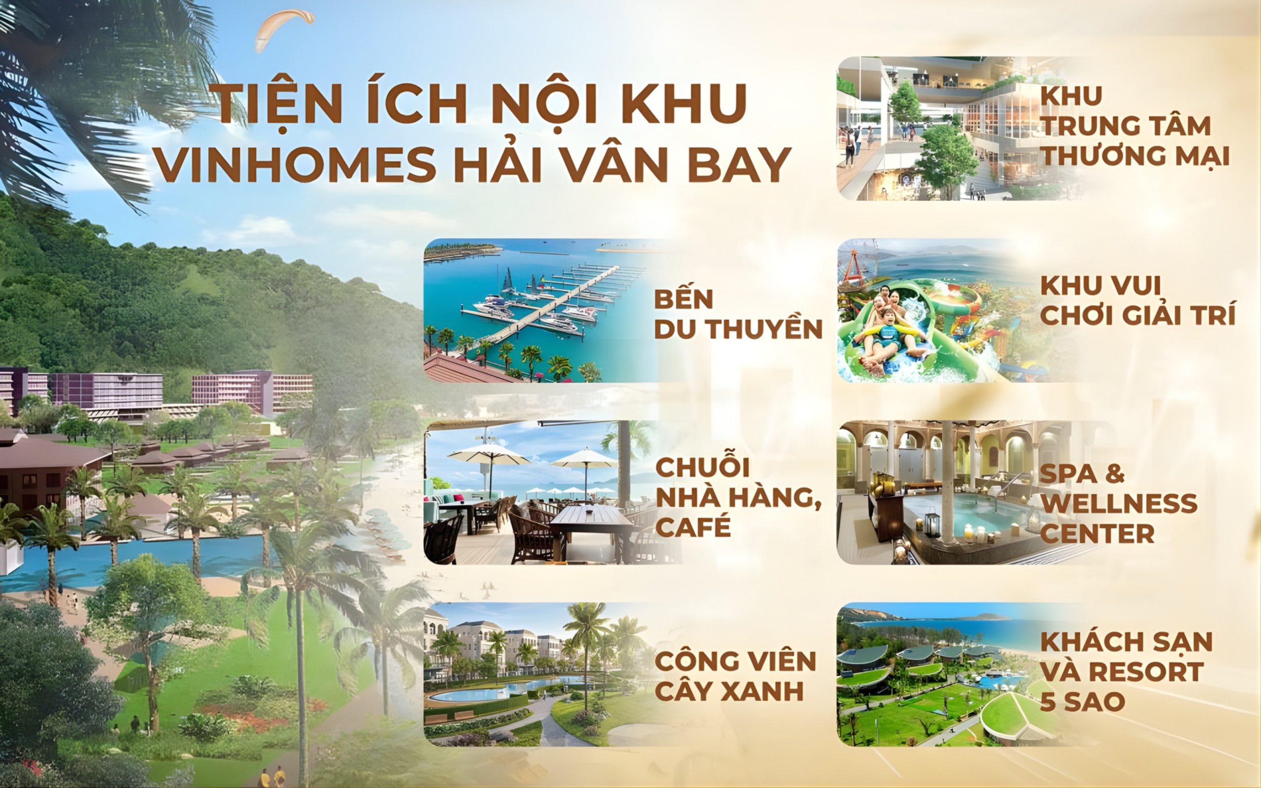 Tiện ích nội khu đẳng cấp Vinhomes Hải Vân Bay với bể bơi vô cực, khu vui chơi giải trí, bến du thuyền, spa wellness center, công viên cây xanh và trung tâm thương mại