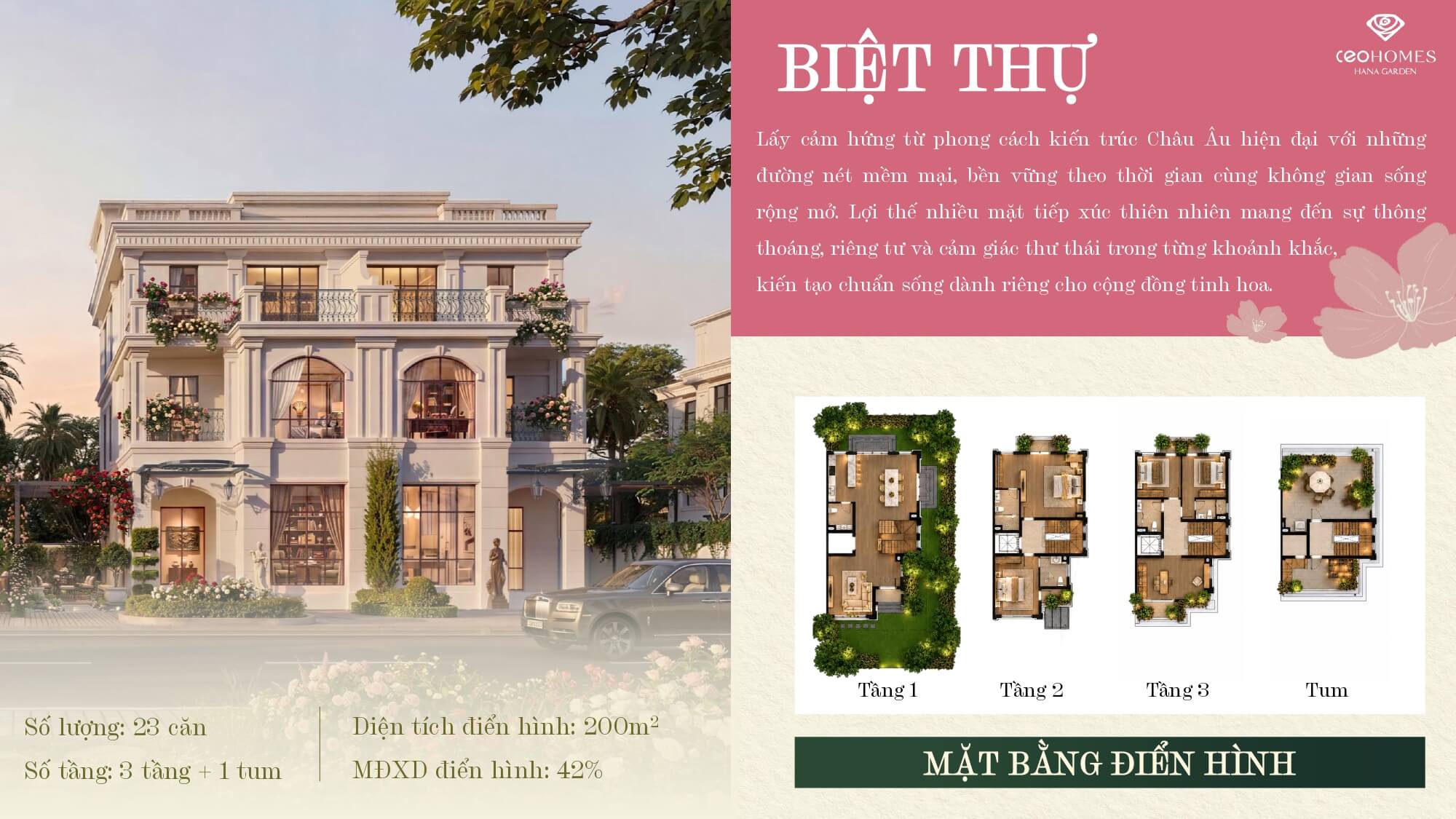 Phối cảnh biệt thự CEOHomes Hana Garden Mê Linh phong cách Châu Âu hiện đại, 3 tầng + 1 tum